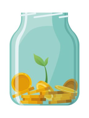 Şişe parası yatırıyorum, ikon. Para yetiştirme konsepti, tasarruf ağacını finanse etme, yatırımı finanse etme. Para büyüyen fabrika basamağı banka konseptinde mevduat madeni para ile.