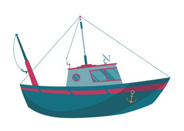 Balıkçı teknesi. Ticari balıkçılık endüstrisi. Balıkçılık endüstrisi için sancaklı sancak ya da motorlu tekne. Düz vektör illüstrasyonu.