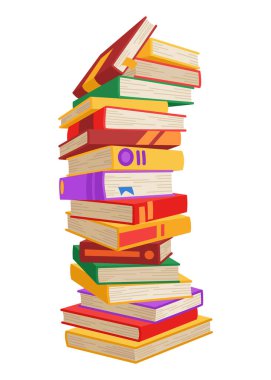 Yüksek kitap yığınları ya da yığın. Kütüphane ders kitapları, okul edebiyatı, sözlükler. Kitapçı reklamı. Çizgi roman yığınları beyaz üzerine izole edilmiş farklı renkli kapaklar ile açı görünümü.