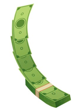 Çizgi film parası. Kağıt para, faturalar uçar gider. Bankada para tutmak. Yeşil banknotlar zenginlik, birikim ve miras. Düz vektör para çizimi. Beyaz arkaplanda izole nesneler.