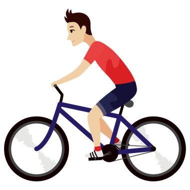 Bisiklet ya da binicilik ikonu. Oyun ya da çizgi film için animasyon ögesi. Bisikletli genç adam. Vektör illüstrasyonu.