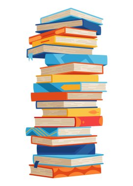 Yüksek kitap yığınları ya da yığın. Kütüphane ders kitapları, okul edebiyatı, sözlükler. Kitapçı reklamı. Çizgi roman yığınları beyaz üzerine izole edilmiş farklı renkli kapaklar ile açı görünümü.