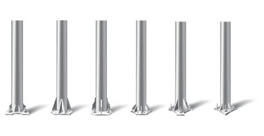 Metal direkler hazır. Çelik borular farklı bir zemine sabitlenmiş. Yol işareti, afiş, reklam panosu için çelik silindir tabanlar, beyaz arka planda izole edilmiş. Vektör illüstrasyonu.