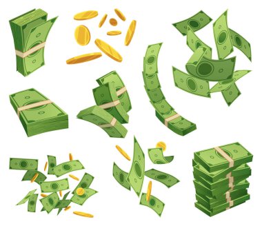 Çizgi film parası ve sikke ikonu seti. Kağıt para, faturalar uçar gider. Bankada para tutmak. Yeşil banknotlar zenginlik, birikim ve miras. Düz vektör para çizimi. Beyaz nesneler izole edildi.