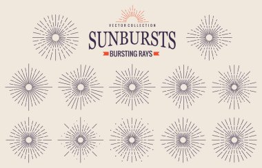 Güneş patlamaları, patlamalar ya da ışık huzmeleri, doğrusal çizimler ve sınır koleksiyonları. Vektör el çizimi izole edilmiş tasarım elementleri.
