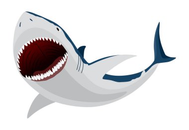 Köpekbalığı. Deniz yırtıcı balık karakteri. Su altı yaban hayatı ya da okyanus hayvanı. Beyaz arkaplanda karikatür düz izole ikonu. Vektör illüstrasyonu.