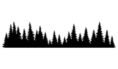Firavun ağaçları silueti. Kozalaklı ladin yatay arkaplan deseni, siyah yeşil orman vektör çizimi. Güzel el çizimi kozalaklı ormanın manzarası.