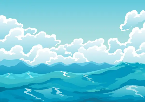 Ocean surface or landscape. Water waves, blue sky and white clouds graphics, cartoon seascape or waterscape. Vector illustration of harsh ocean.