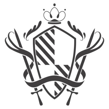 Şövalye kalkanı, kraliyet simgesi. Klasik monokrom şövalye ödülü. Kraliyet rozeti, lüks filigran amblemi. Beyaz arkaplanda dekoratif öge.