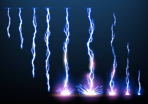 Lightning animation set with sparks. Electricity thunderbolt danger, light electric powerful thunder. Bright energy effect, vector illustration.