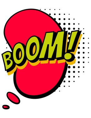 Komik renkli el çizimi konuşma balonu. Retro karikatür çıkartması. Komik tasarım vektör çizimi. Çizgi roman BOOM ses efekti pop sanat tarzında.