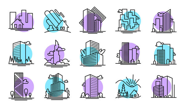 Набор иконок городских зданий. Офисное здание, жилой дом, бизнес-район. Концепция городской жизни. Может быть использован для таких тем, как город, большой город, архитектура или логотип.