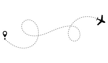 Airplane dotted route line. Path travel line shape. Flight route with start point and dash line trace for plane isolated vector illustration.