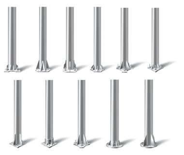 Metal direkler hazır. Çelik borular farklı bir zemine sabitlenmiş. Yol işareti, afiş, reklam panosu için çelik silindir tabanlar, beyaz arka planda izole edilmiş. Vektör illüstrasyonu.