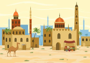 Middle east. Arabic desert landscape with traditional mud brick houses. Ancient building on background. Flat vector illustration.