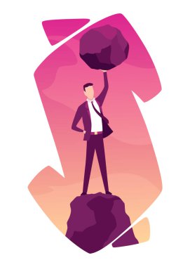 Businessman with boulder vector illustration. Stressed mans carry heavy stone in hands overwhelmed with problem or task. Crisis problem of business people, burden, challenge, conquering concept.