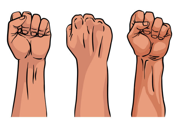 Raised fist hand gesture emblems. Vector hand clenched into fist and rising up, symbols isolated on white background. Power signs. Human hands up in the air.