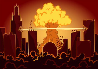 Şehirde büyük bir patlama oldu. Şehirdeki büyük patlamadan sonra savaş ve hasar. Atom bombasından sonra yanan gökyüzü ile şehir manzarası.