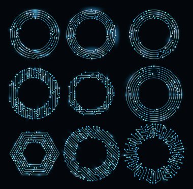 Devre panosu daire çerçeveleri. Soyut dijital yuvarlak çerçeve, donanım tahtası ve elektronik ana kart şablon vektörü seti. Bilim programlama, bilgisayar sistemi elementleri.