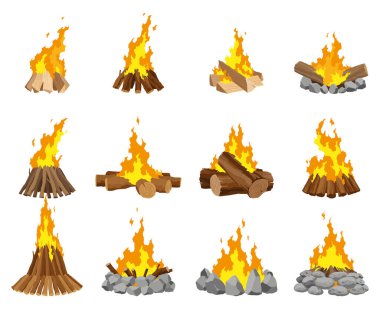 Fireplace campfire different types. Burning wood collection, travel and adventure symbol. Vector bonfire or woodfire in cartoon flat style set. Tourist bonfires in the diferent form of stack.