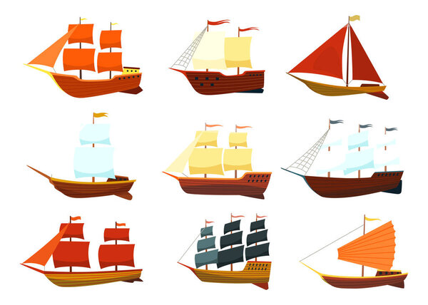 Набор значков парусника. Векторный мультфильм на парусной яхте. Векторная иллюстрация парусника на белом фоне.