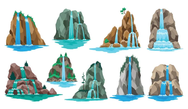Collection of cartoon river cascade waterfalls. Landscapes with mountains and trees. Design elements for travel brochure or illustration mobile game. Fresh natural water.