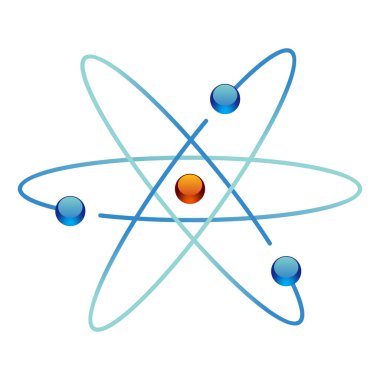Nükleer enerji ikonunun atom sembolleri. Bilimsel araştırma ve moleküler kimya. Yörüngesel elektron çekirdeklerine, protonlara ve nötronlara sahip vektör atomik yapısı.