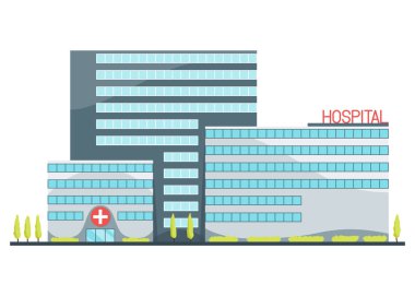 Hastanenin dış görünüşü ve girişi düz dizaynlı. Tıbbi hastane binası ikonu, beyaz arka planda izole edilmiş. Vektör illüstrasyonu.