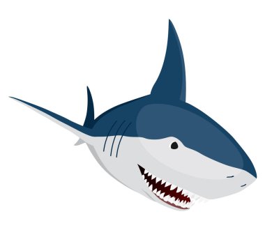 Köpekbalığı. Deniz yırtıcı balık karakteri. Su altı yaban hayatı ya da okyanus hayvanı. Beyaz arkaplanda karikatür düz izole ikonu. Vektör illüstrasyonu.