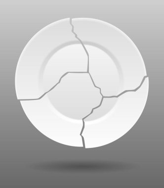 Kırık beyaz tabak. Parçalanmış yemek tabağı, çatlamış porselen tabak. Hasarlı bulaşık takımı. Beyaz arkaplanda simge izole edildi. Vektör illüstrasyonu.