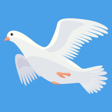 Güvercin animasyonu. Cennette kuş kanatları. Uçan göçmen güvercin, karikatür vektör çizimi. Kuş güvercini canlandırma ögesi.