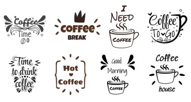 Kahve fincanı harfleri seti. Kahveyi paket yap. Typography alıntı tasarımı. Kaligrafi stili Sıcak içecekler mağaza promosyonu.