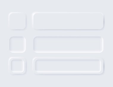 Neumorfik düğmeler. Basit moda tasarım elemanları UI bileşenleri ışık arka planında izole edildi. Web sitesi, mobil uygulama menüsü ve yuvarlak kenarlı navigasyon için kontrol ögesi.