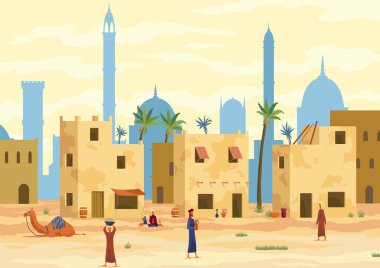 Orta Doğu. Geleneksel çamur tuğlalı evler ve insanlarla dolu Arap çölü manzarası. Arka planda eski bir bina. Develi Bedevi, kafasında sürahi olan adam. Düz vektör illüstrasyonu.