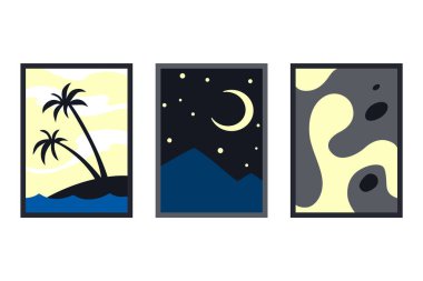 Üç soyut sanat vektörü çiziminden oluşan bir set. Yaratıcı minimalist el çizimi vektör çizimi, duvar dekoru, duvar kağıdı, poster, kart, duvar resmi, halı, asılma, baskı için vektör tasarımı.