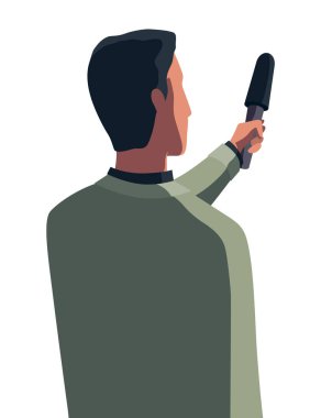 Basın toplantısı, muhabir röportaj yapıyor. Medya röportajları ve sorulara cevaplar. Siyasi konferans afişi, muhabirlik ve brifing.