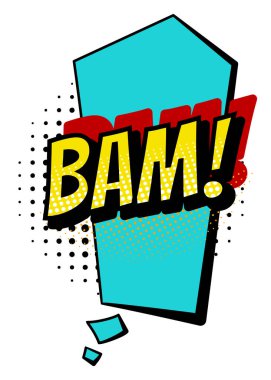 Komik renkli el çizimi konuşma balonu. Retro karikatür çıkartması. Komik tasarım vektör çizimi. Pop sanat tarzında komik metin BAM ses efekti.