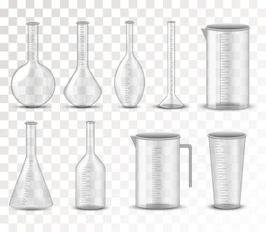 Plastik ya da cam ölçü sürahisi. İzole edilmiş hacmi ölçen gerçekçi cam bardaklar. Yemek ya da kimyasallar için konteynırlar. Vektör simgeleri.