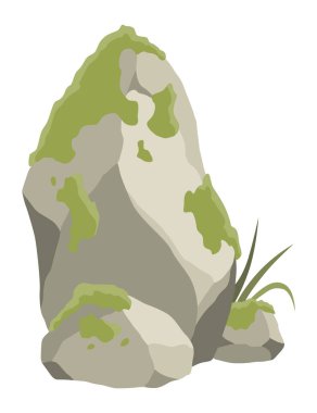 Kaya taşı oluşumları. Çimen ve yosunlu küçük kaya dağı, kaya desenli büyük ikon, ağır kazıklar. Çeşitli şekillerde kaldırım taşları, sert kaya kalıntıları. Vektör çizgi arkaplanı.