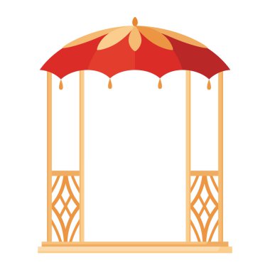 Balkon pergola stili. Mimari ahşap çardak düz çizgi film ikonu. Pavilion yapısı, şehir parkı veya bahçe alanı beyaz arka planda izole edilmiş. Vektör illüstrasyonu.