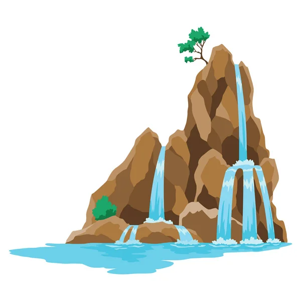 Cartoon river cascade waterfall. Landscape with mountains and trees. Design element for travel brochure or illustration mobile game. Fresh natural water.