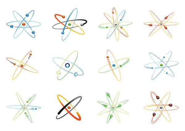 Atom symbols of nuclear energy icon set. Scientific research and molecular chemistry. Vector atomic structure with orbital electrons nucleus, protons and neutrons.