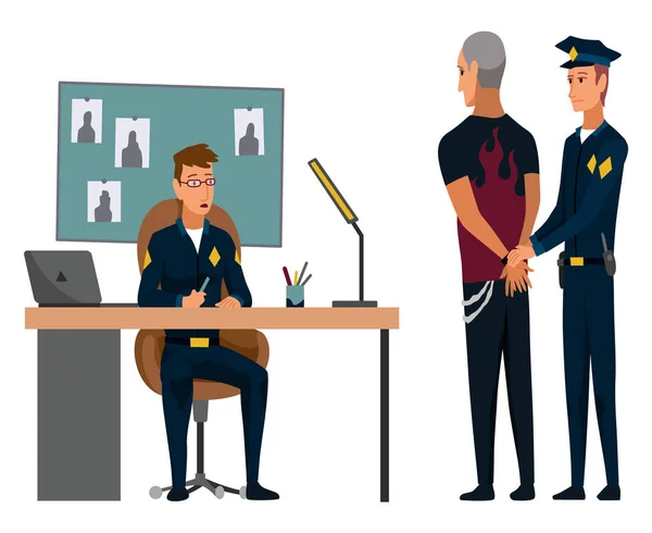 Stock vector Police station building interior with employees, staff. Police officer in uniform working. Detective in office make investigation. People in jail. Vector illustration in cartoon style.