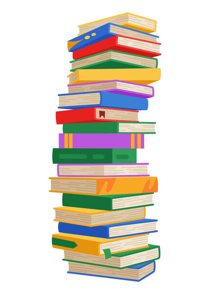 High book stacks or pile. Library textbooks and school literature heaps, dictionaries. Bookstore advertise. Cartoon stacked books angle view with different colorful covers isolated on white.