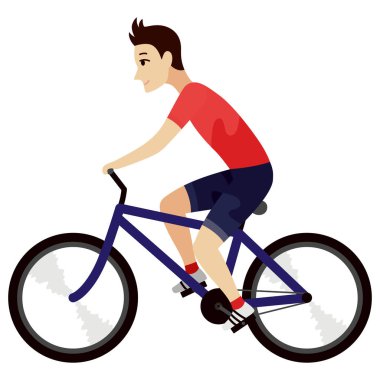 Bisiklet ya da binicilik ikonu. Oyun ya da çizgi film için animasyon ögesi. Bisikletli genç adam. Vektör illüstrasyonu.