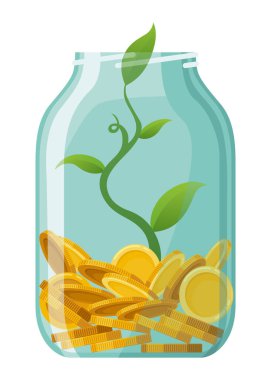 Şişe parası yatırıyorum, ikon. Para yetiştirme konsepti, tasarruf ağacını finanse etme, yatırımı finanse etme. Para büyüyen fabrika basamağı banka konseptinde mevduat madeni para ile.