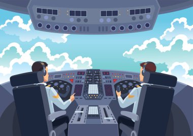 Uçak kokpit pilotları. Kabin mürettebatının uçak uçuruşunun arka görüntüsü. Pilot ve yardımcı pilot uçuş sırasında kokpitte. Vektör çizgi film illüstrasyonu.