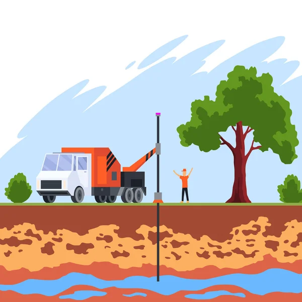 stock vector Water supply wells system. Structure of soil and underground water, supplying water to house. Layers of land with underground rivers. Cartoon flat vector illustration.