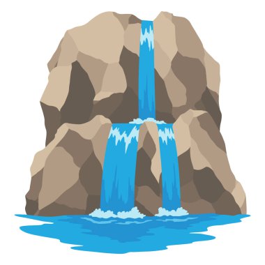 Çizgi film nehri çağlayan şelalesi. Dağlar ve ağaçlarla kaplı bir manzara. Seyahat broşürü veya illüstrasyon mobil oyunu için tasarım ögesi. Taze doğal su.