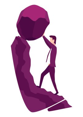 Businessman with boulder vector illustration. Stressed mans carry heavy stone on shoulder overwhelmed with problem or task. Crisis problem of business people, burden, challenge, conquering concept.